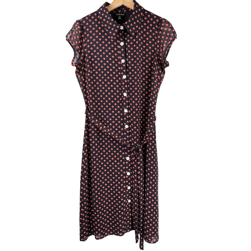 Voir Voir Polka Dot Dress Midi Women's 6 Navy Coral Cap Sleeve Tie Waist